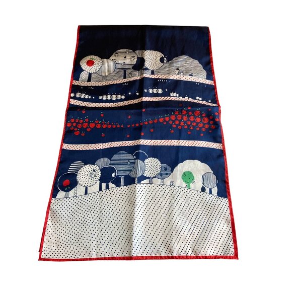 Vintage Barr Beards Womens Rectangle Scarf Apple Tree Polka Dot Red Blue Japan - Picture 2 of 6